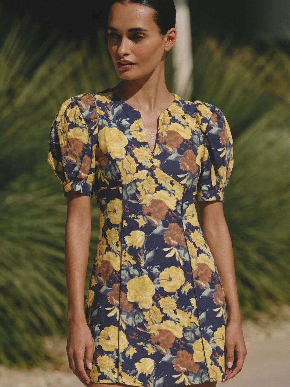 NWT Sea New York Ella Puff Sleeve Floral‎ Mini Dress in Yellow Navy Multi Size 4